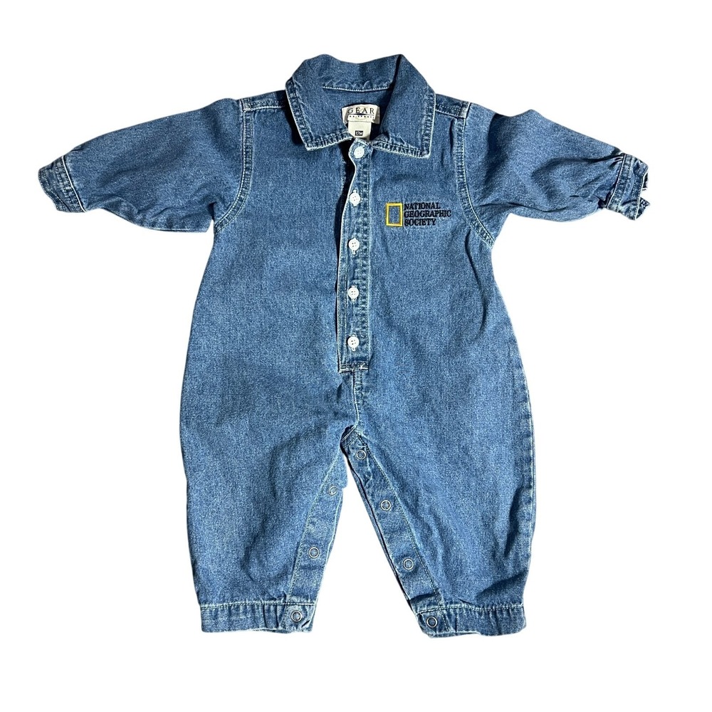 Vintage Baby Denim Romper 12 Months National Geographic Jean Jumpsuit Snap Front
